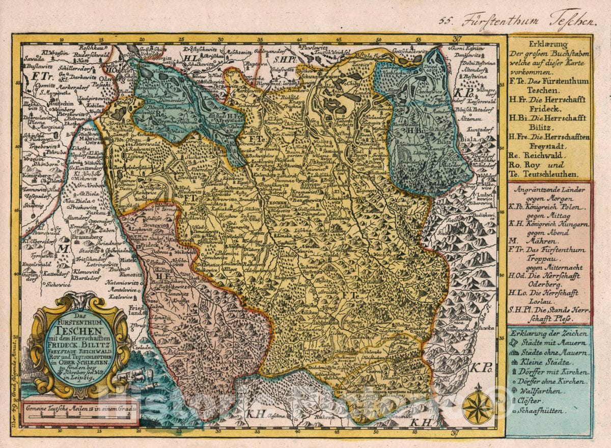 Historic Map : Poland, Vol 1:55- Das Furstenthum Teschen mit dem Herrschafften Frideck, Bilitz, Freystadt, 1740 Atlas , Vintage Wall Art