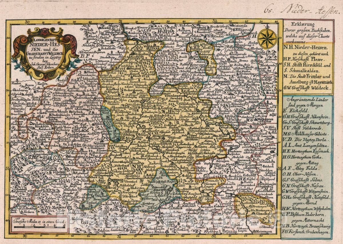 Historic Map : Germany, Vol 1:65- Landgrafschafft Nieder-Hessen, und die Grafschafft Waldeck, 1740 Atlas , Vintage Wall Art