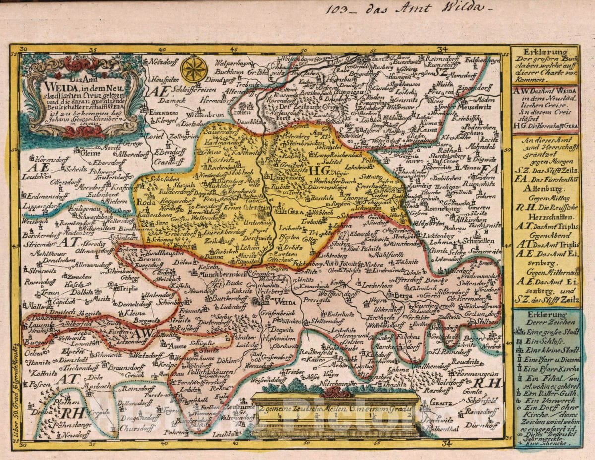 Historic Map : Germany, Vol 2:103- Das Amt Weida, in dem Neustaedtischen Creise gelegen, 1740 Atlas , Vintage Wall Art