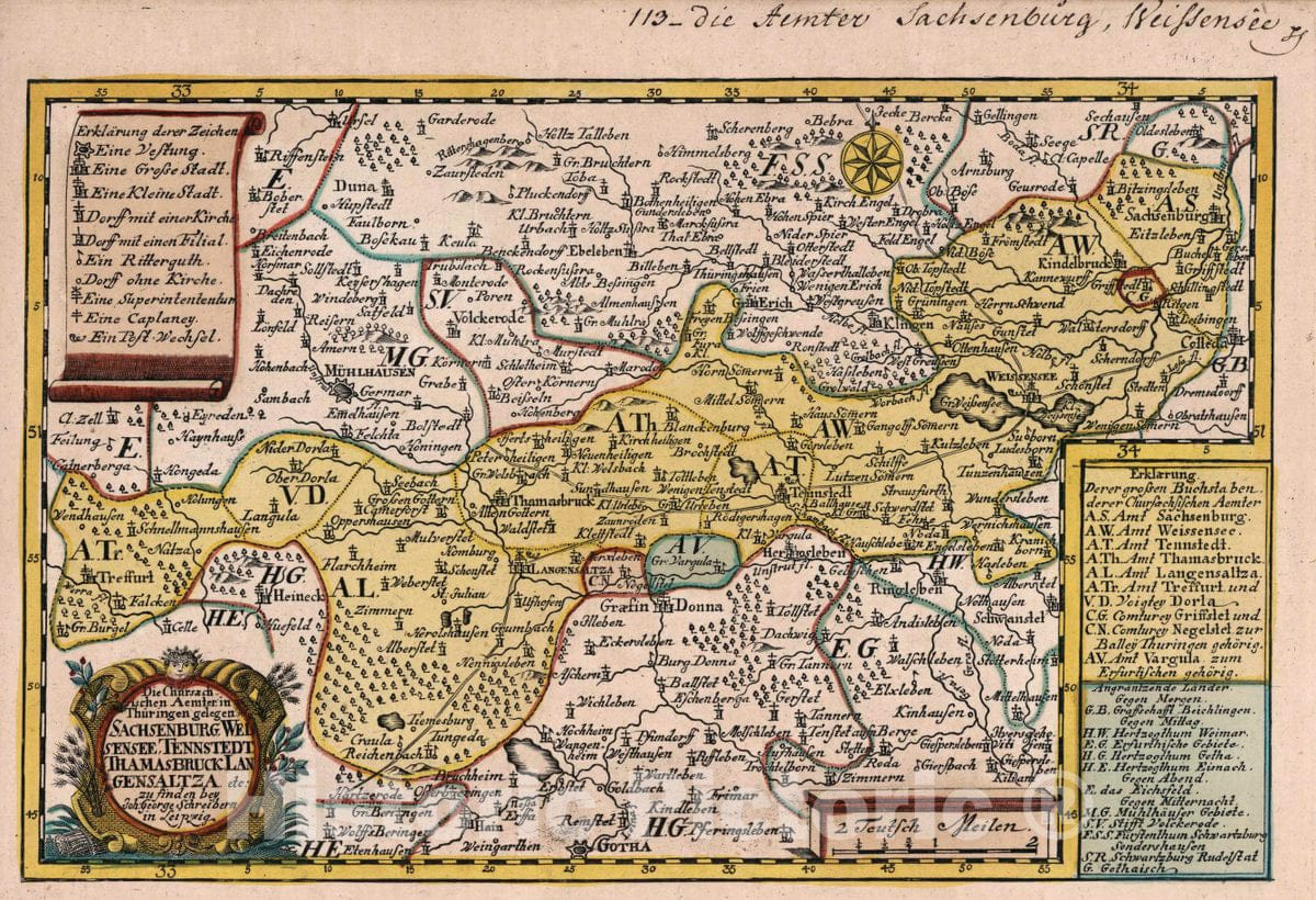 Historic Map : Germany, Vol 2:113- Die Chursaechsischen Aemter in Thuringen gelegen, Sachsenburg, 1740 Atlas , Vintage Wall Art
