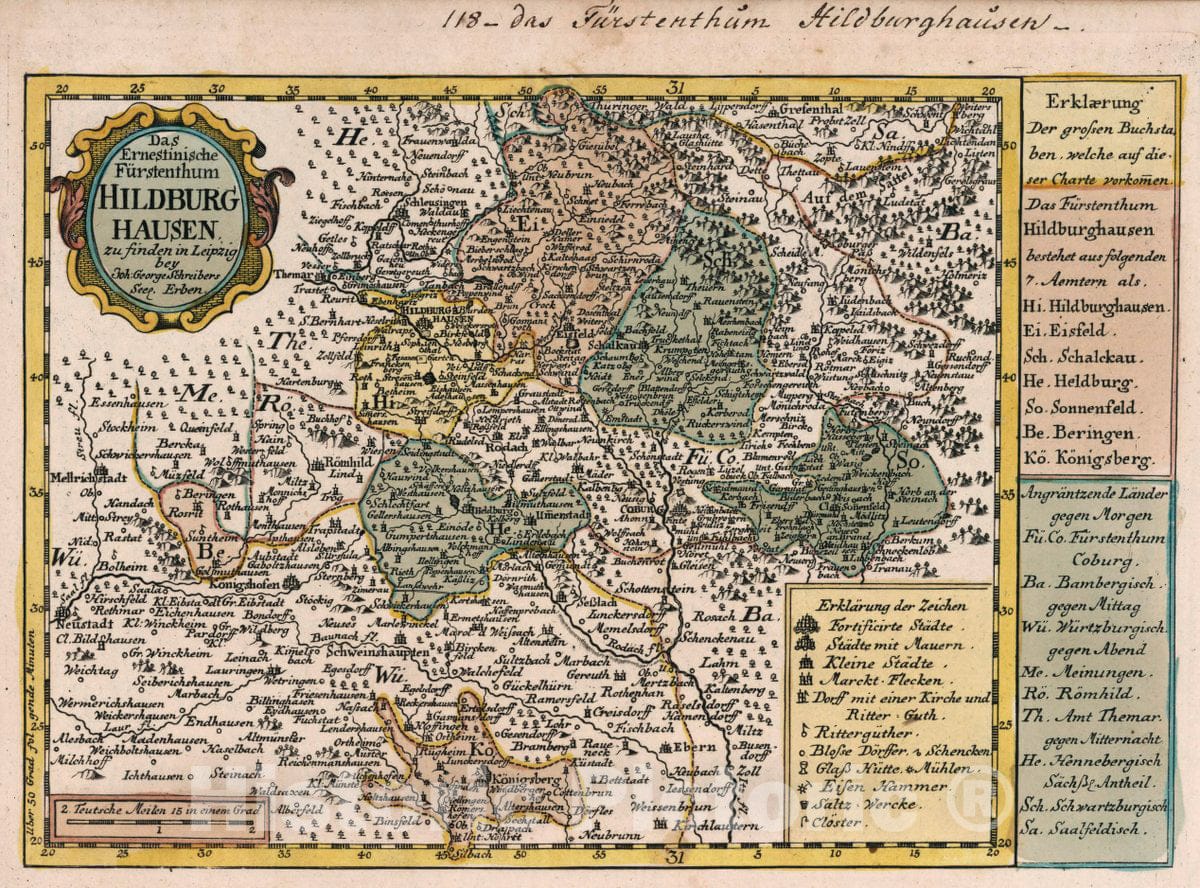 Historic Map : Germany, Vol 2:118- Das Ernestinische Furstenthum Hildburghausen, 1740 Atlas , Vintage Wall Art