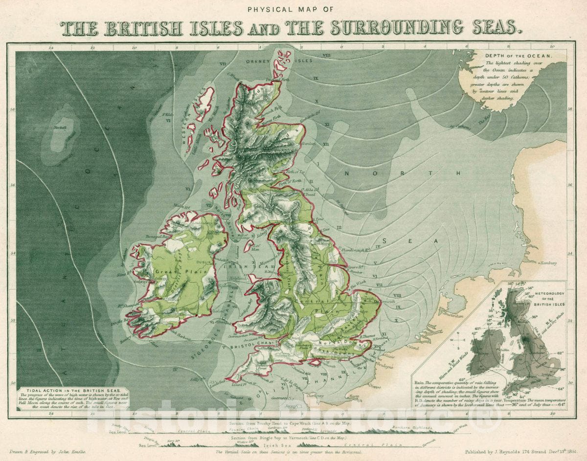 Historic Map : Physical map of The British Isles and The Surrounding seas, 1851 - Vintage Wall Art