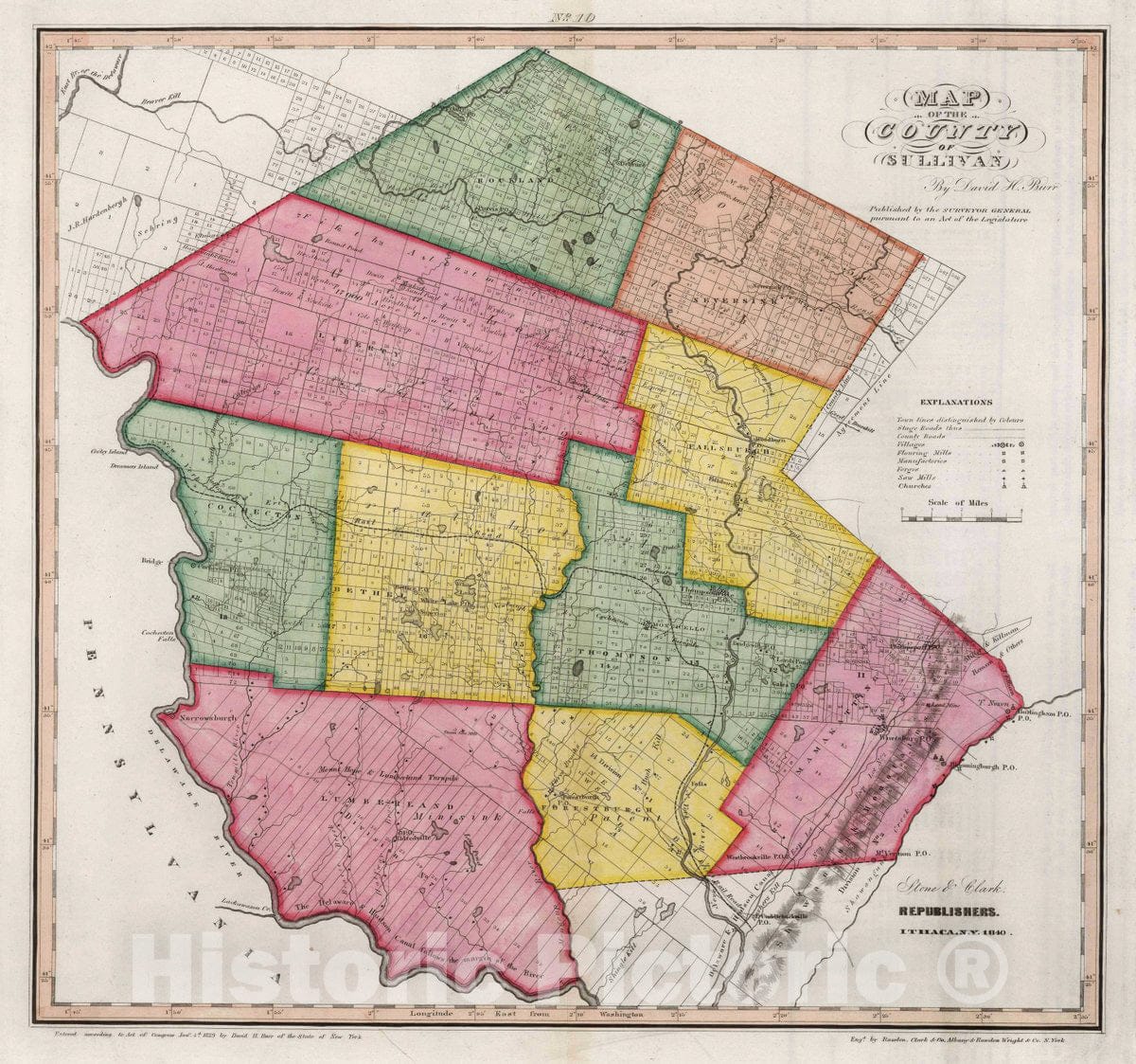 Historic Map : Map of The County of Sullivan (New York), 1840 Atlas - Vintage Wall Art