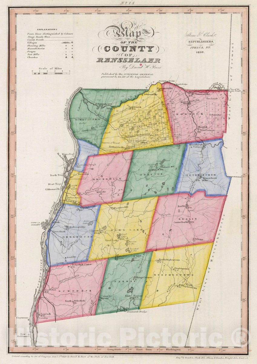 Historic Map : Map of The County of Rensselaer (New York), 1839 Atlas - Vintage Wall Art