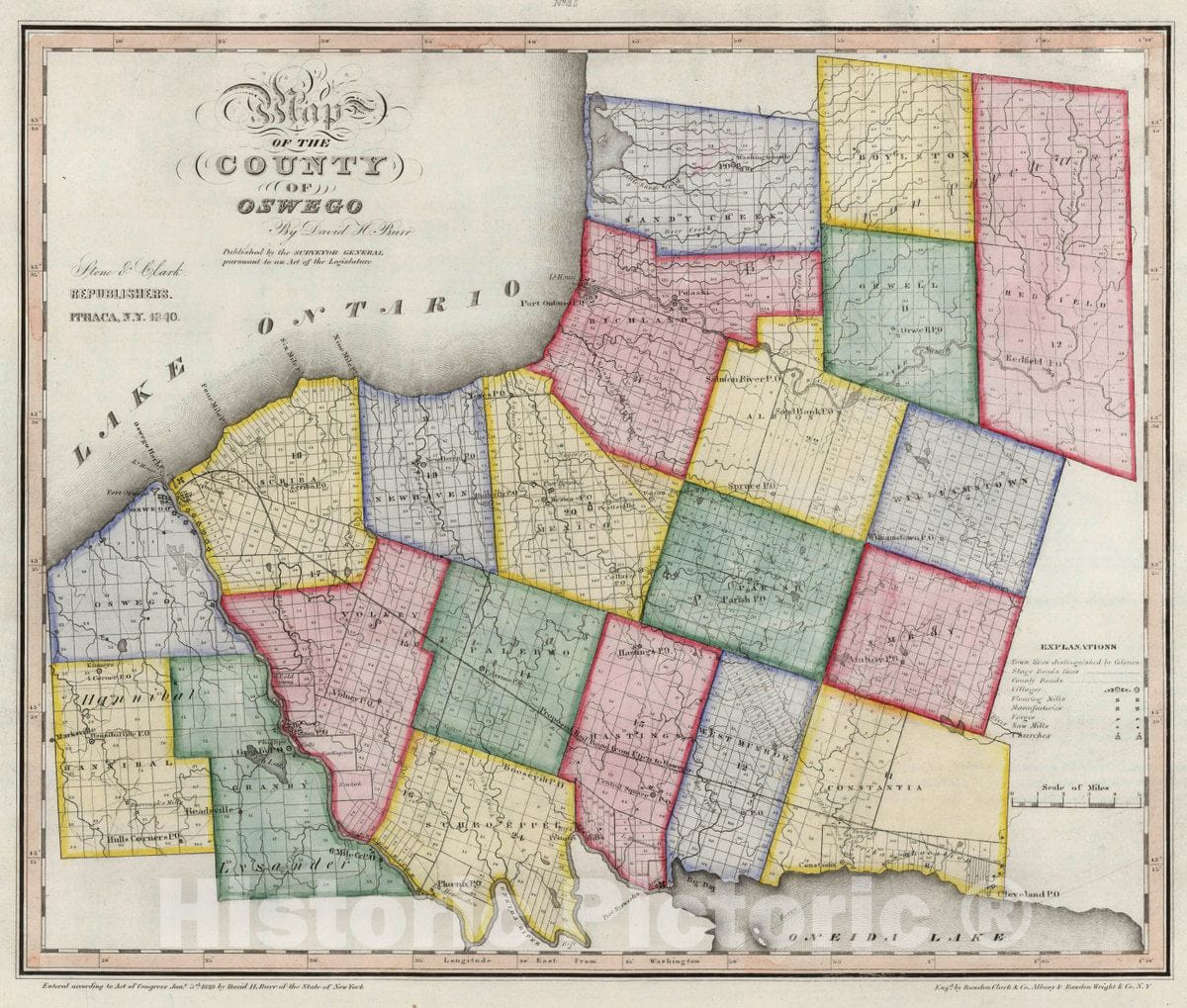 Historic Map : Map of The County of Oswego (New York), 1840 Atlas - Vintage Wall Art