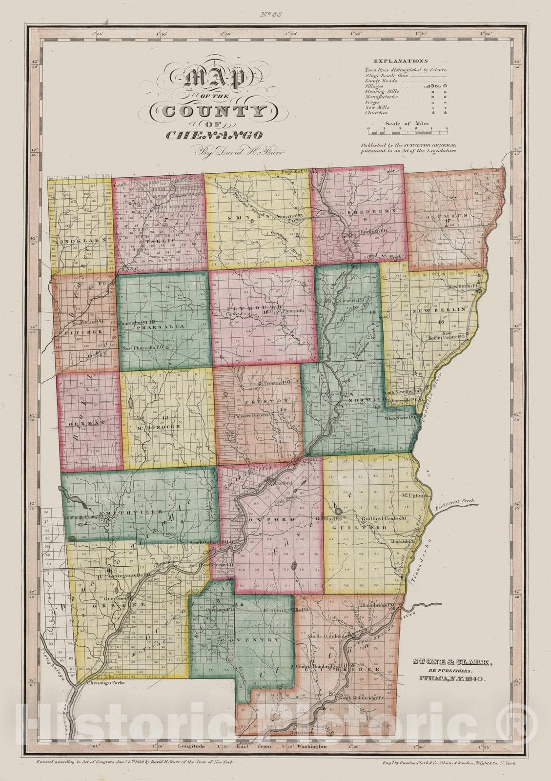 Historic Map - 1840 Map of The County of Chenango (New York). - Vintage Wall Art