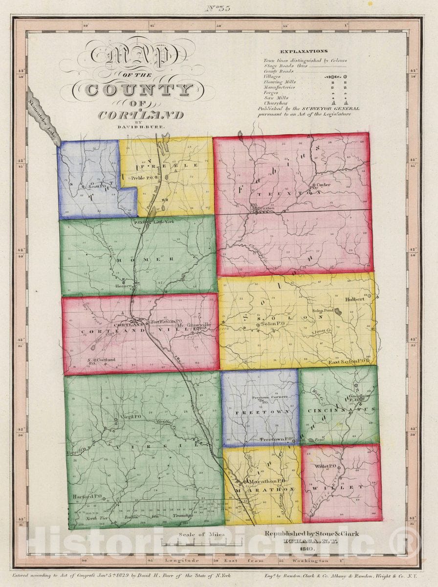 Historic Map : Map of The County of Cortland (New York), 1840 Atlas - Vintage Wall Art