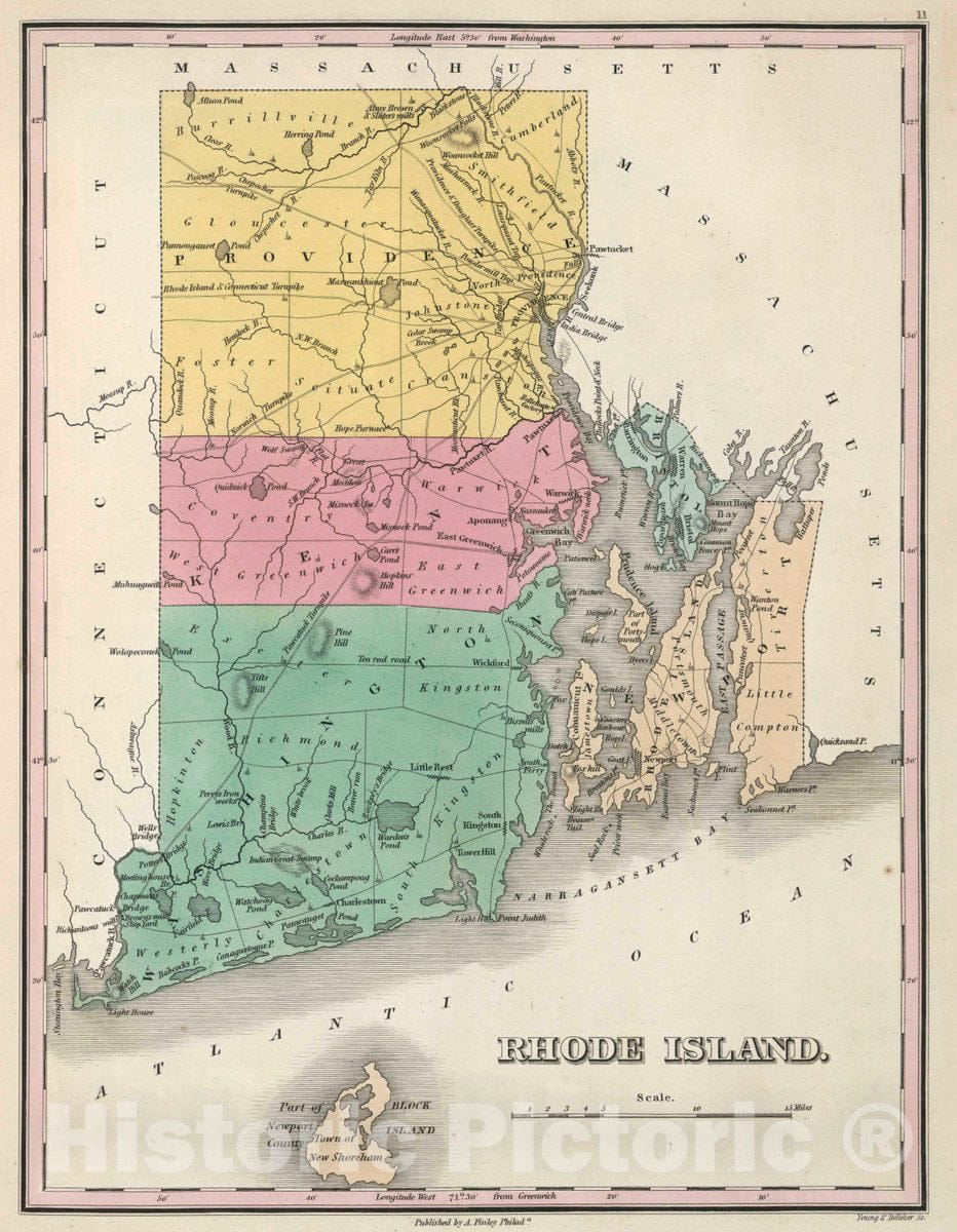 Historic Wall Map : Rhode Island. Young & Delleker Sc. Published by A. Finley, Philada, 1827 Atlas - Vintage Wall Art