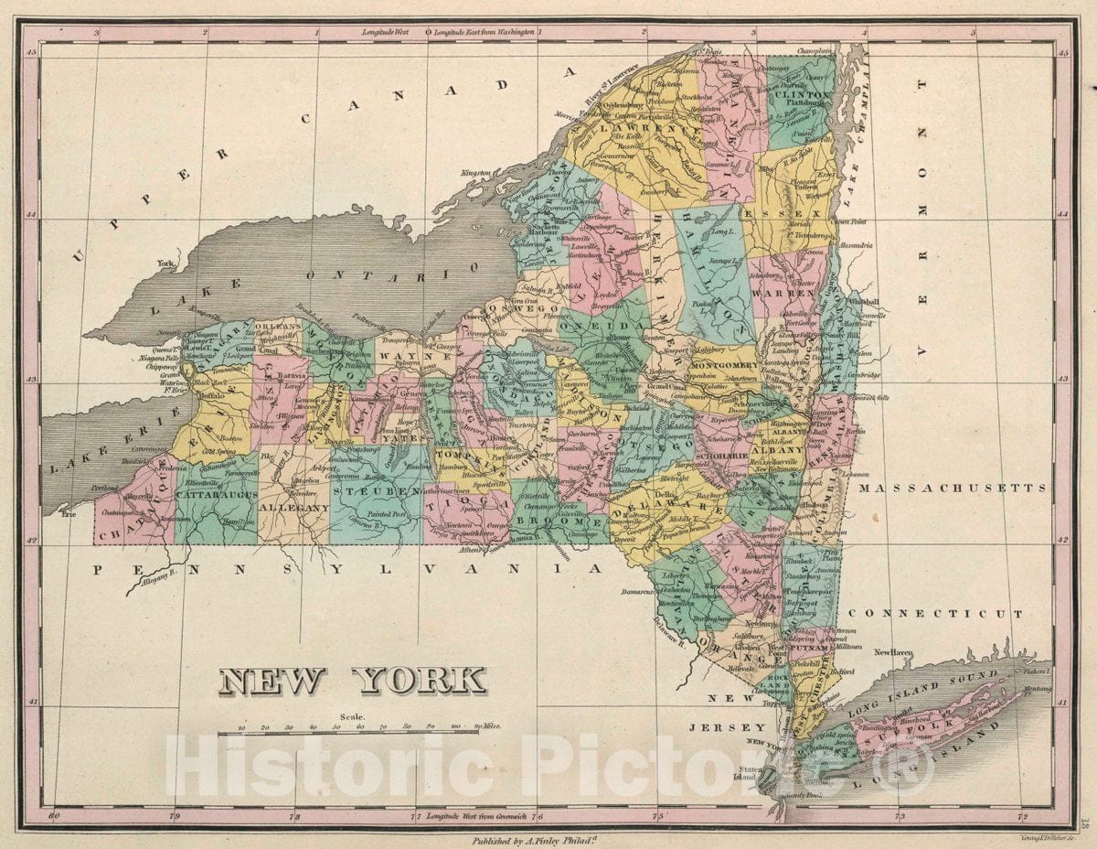 Historic Map : New York. Young & Delleker Sc. Published by A. Finley, Philada, 1827 Atlas - Vintage Wall Art