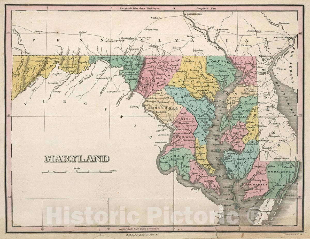 Historic Map : Maryland. Young & Delleker Sc. Published by A. Finley, Philada, 1827 Atlas - Vintage Wall Art