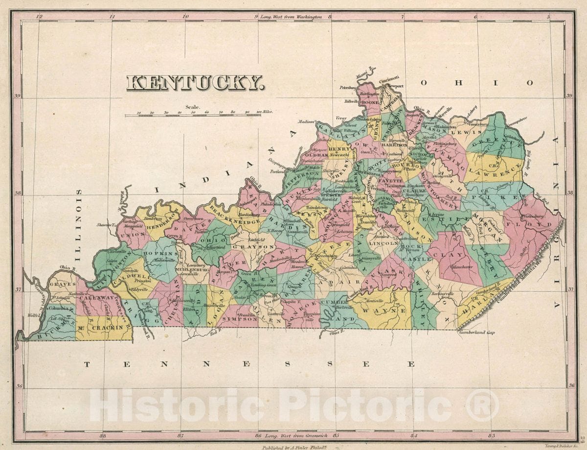 Historic Map : Kentucky. Young & Delleker Sc. Published by A. Finley, Philada, 1827 Atlas - Vintage Wall Art