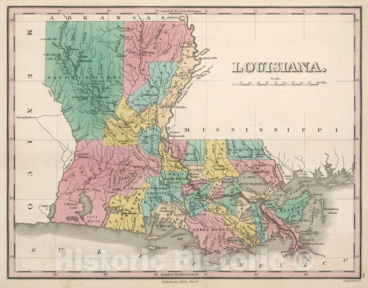 Historic Map : Louisiana. Young & Delleker Sc. Published by A. Finley, Philada, 1827 Atlas - Vintage Wall Art