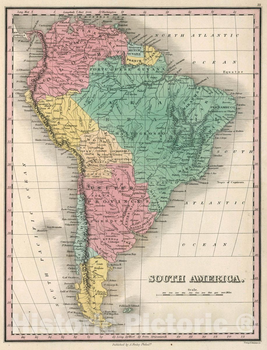 Historic Map : South America. Young & Delleker Sc. Published by A. Finley, Philada. A New General Atlas Comprising a Complete Set of Maps, 1827 Atlas - Vintage Wall Art