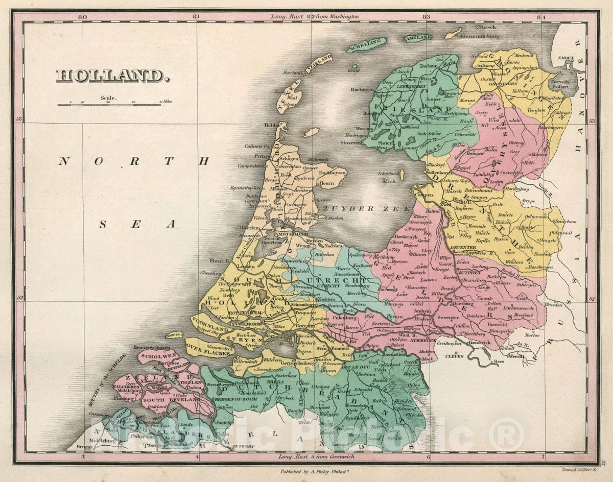 Historic Map : Holland. Young & Delleker Sc. Published by A. Finley, Philada, 1827 Atlas - Vintage Wall Art