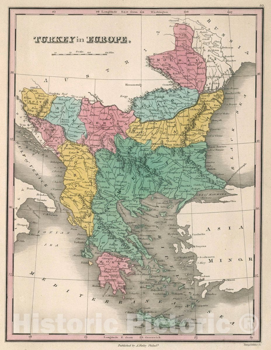 Historic Map : Turkey in Europe. Young & Delleker Sc. Published by A. Finley, Philada. A New General Atlas Comprising a Complete Set of Maps, 1827 Atlas - Vintage Wall Art