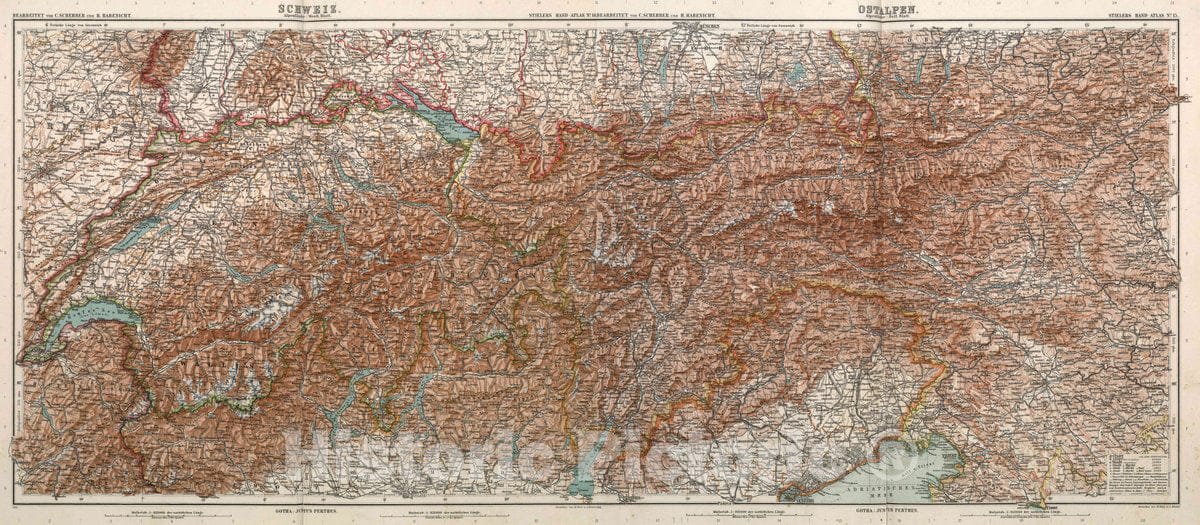 Historic Map : Austria, Alps Composite Map: Nr. 15. Schweiz und Ostalpen, 1911 Atlas , Vintage Wall Art