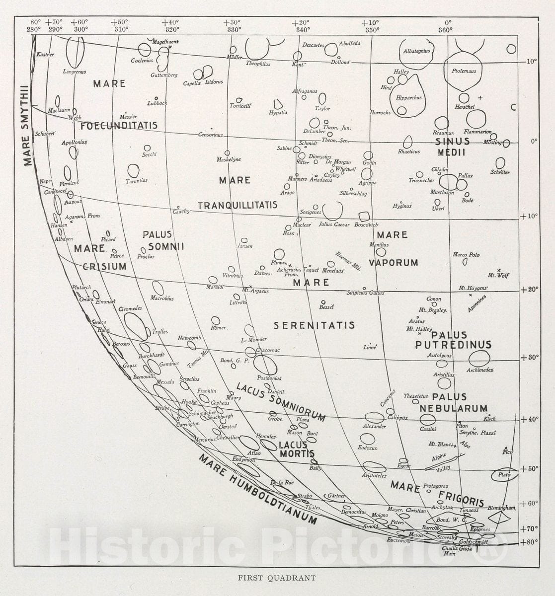 Historic Map : First Quadrant. The moon : a summary of the existing knowledge of our satellite, with a complete photographic By Willaim H. Pickering, 1903 CelestialVintage Wall Art