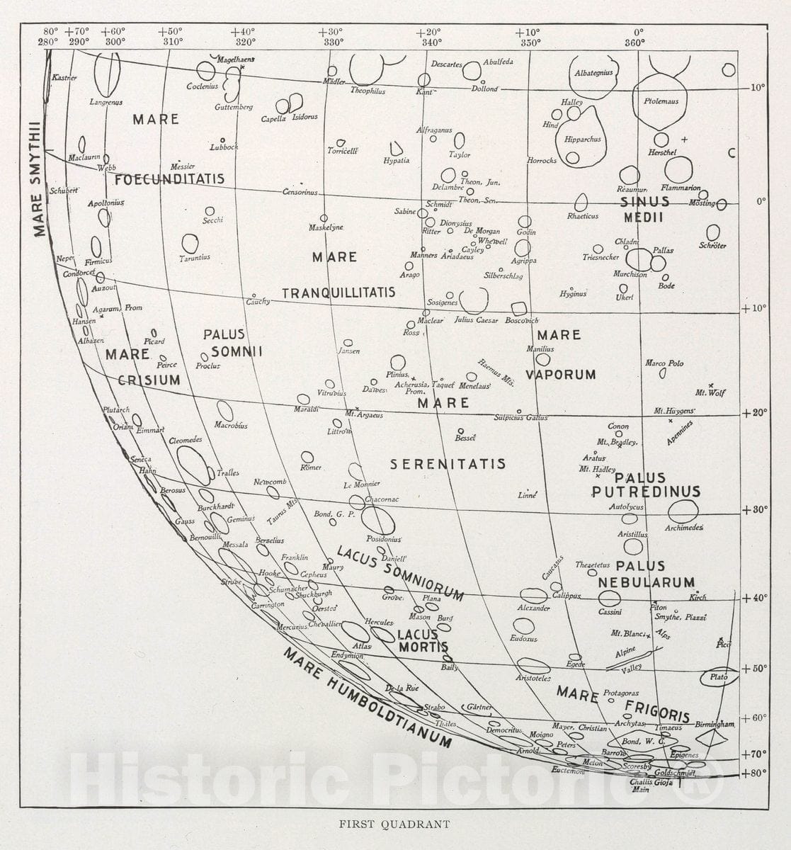 Historic Map : First Quadrant. The moon : a summary of the existing knowledge of our satellite, with a complete photographic By Willaim H. Pickering, 1903 CelestialVintage Wall Art