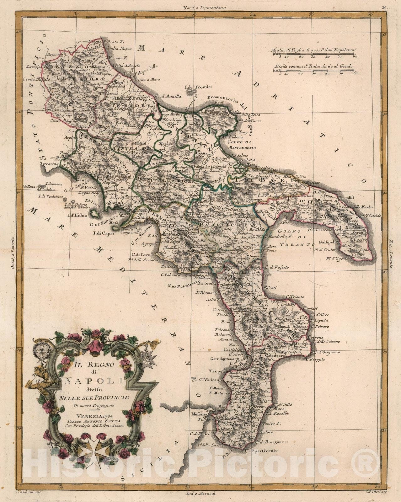 Historic Map : Italy, Naples Region (Italy) Il Regno di Napoli diviso Nelle sue Provincie : Di Nuova Projezione. Venezia 1782, Vintage Wall Art