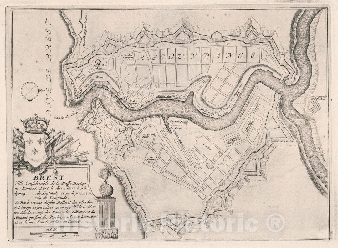 Historic Map : France , Brest France, Brest Ville considerable de la Basse Bretagne, 1695 Atlas , Vintage Wall Art