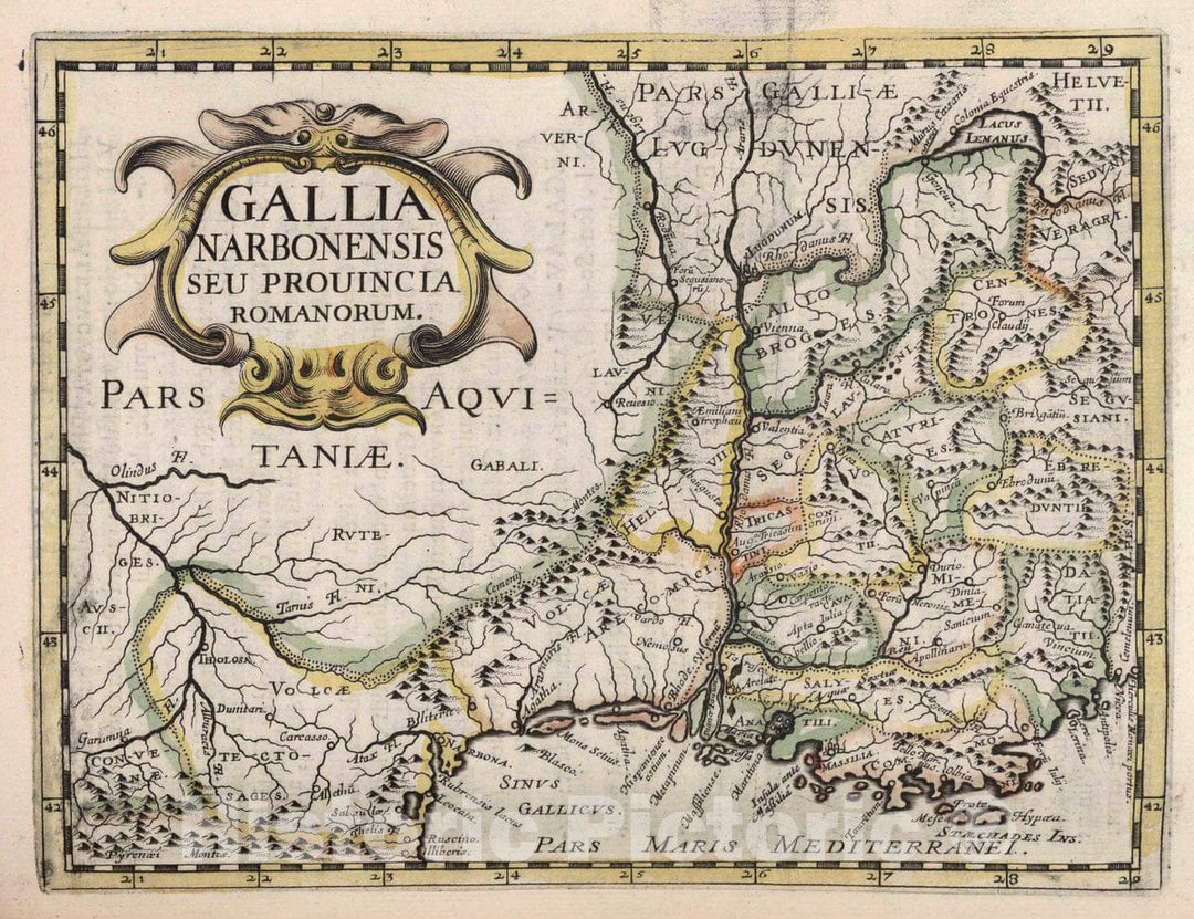 Historic Map : Narbonne , France Gallia Narbonensis seu Prouincia Romanorum, 1648 , Vintage Wall Art