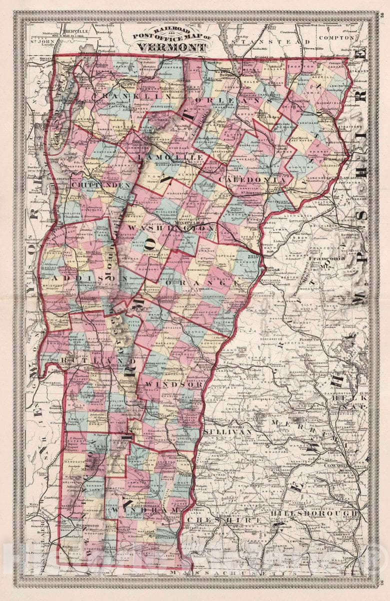 Historic Map 1874 Railroad and Post Office map of Vermont Vintage