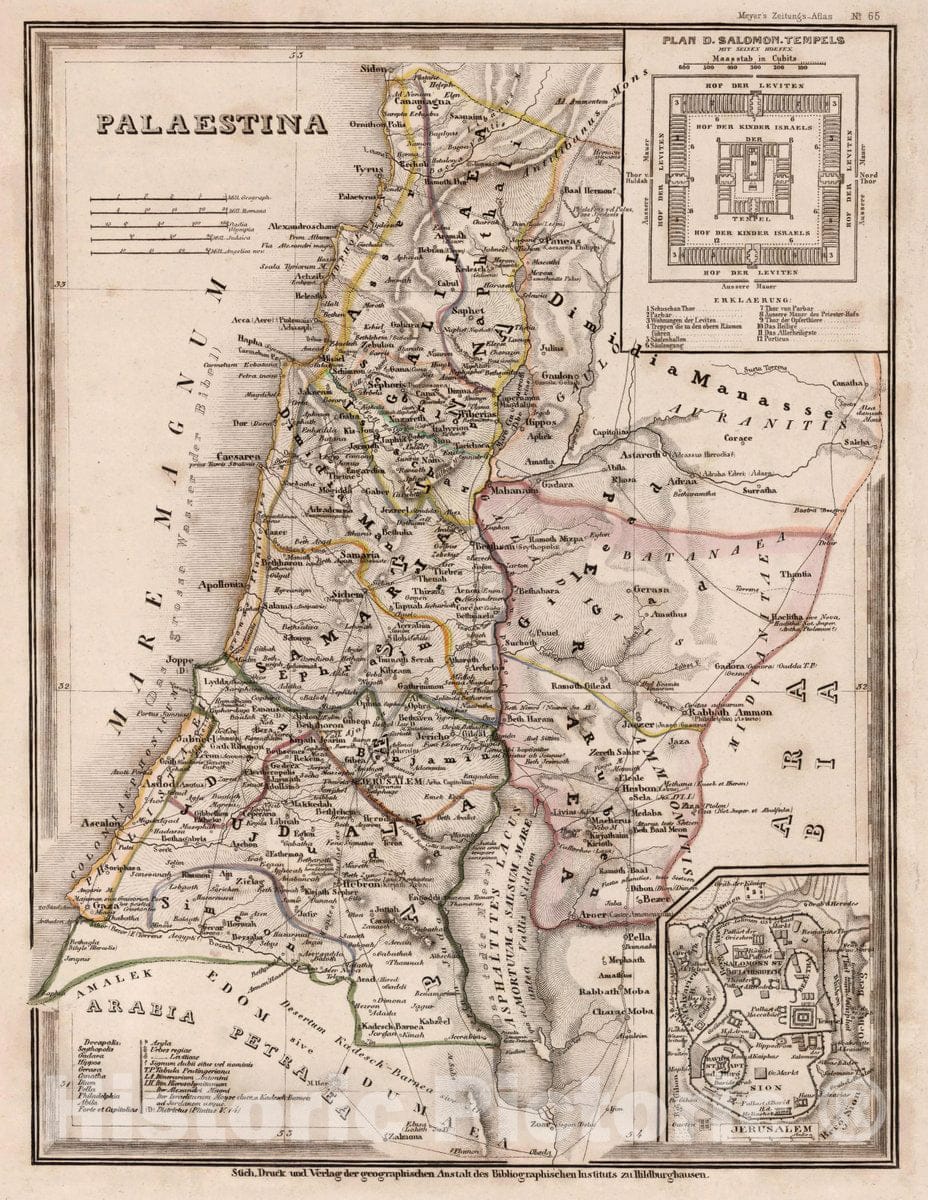 Historic Map : Palestine, Holy Land Palaestina. Stich, Druck und verlag der geographischen, 1854 , Vintage Wall Art