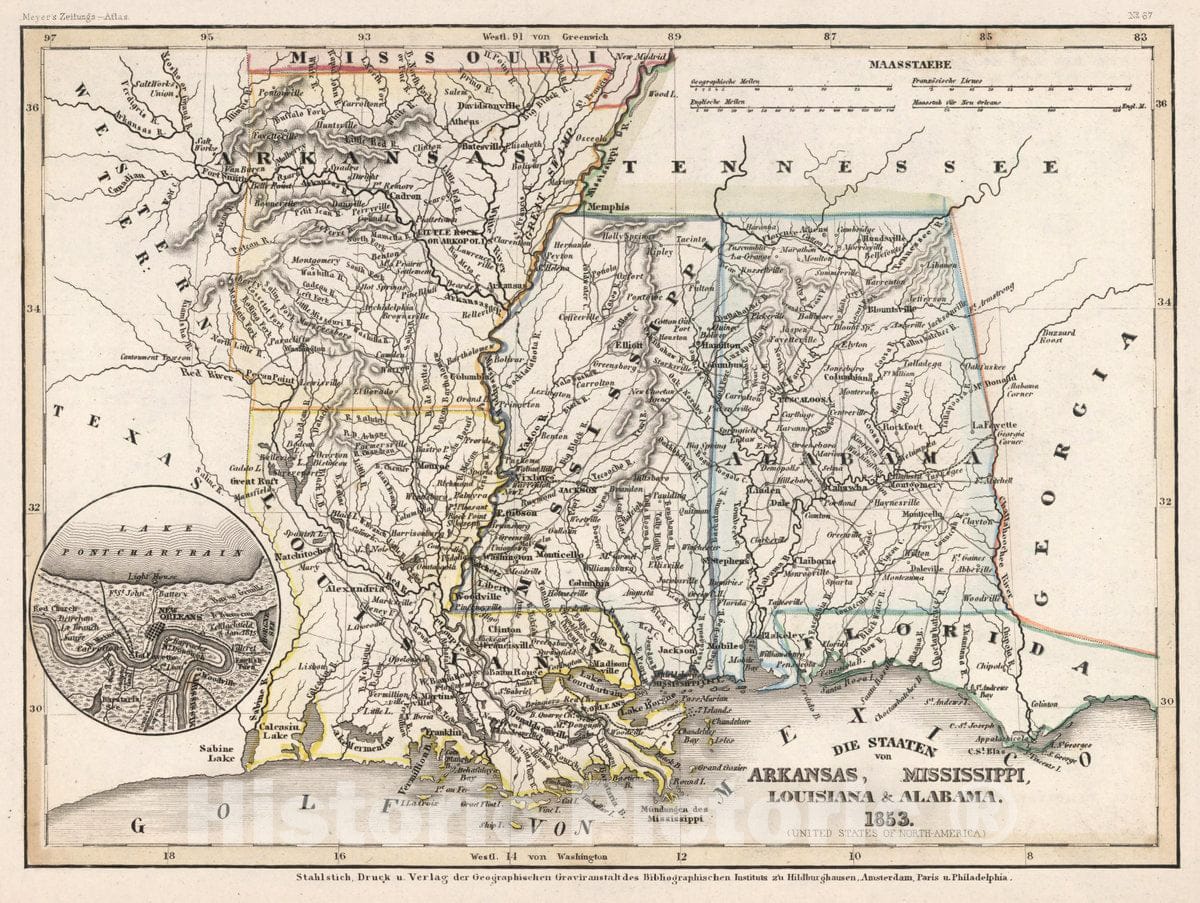 Historic Map : United States, Die staaten Arkansas, Mississippi, Louisiana & Alabama.1853, 1853 Atlas , Vintage Wall Art