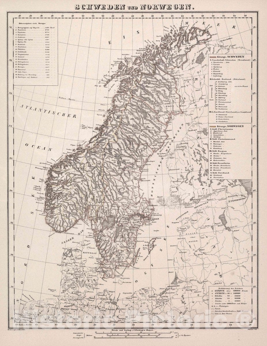 Historic Map Sweden, Scandinavia Schweden und Norwegen, 1847 Atlas v