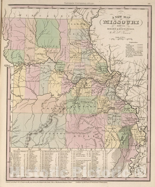 Historic Map : A New Map of Missouri with its Roads and Distances. By H.S. Tanner., 1836, Henry Schenk Tanner, Vintage Wall Art