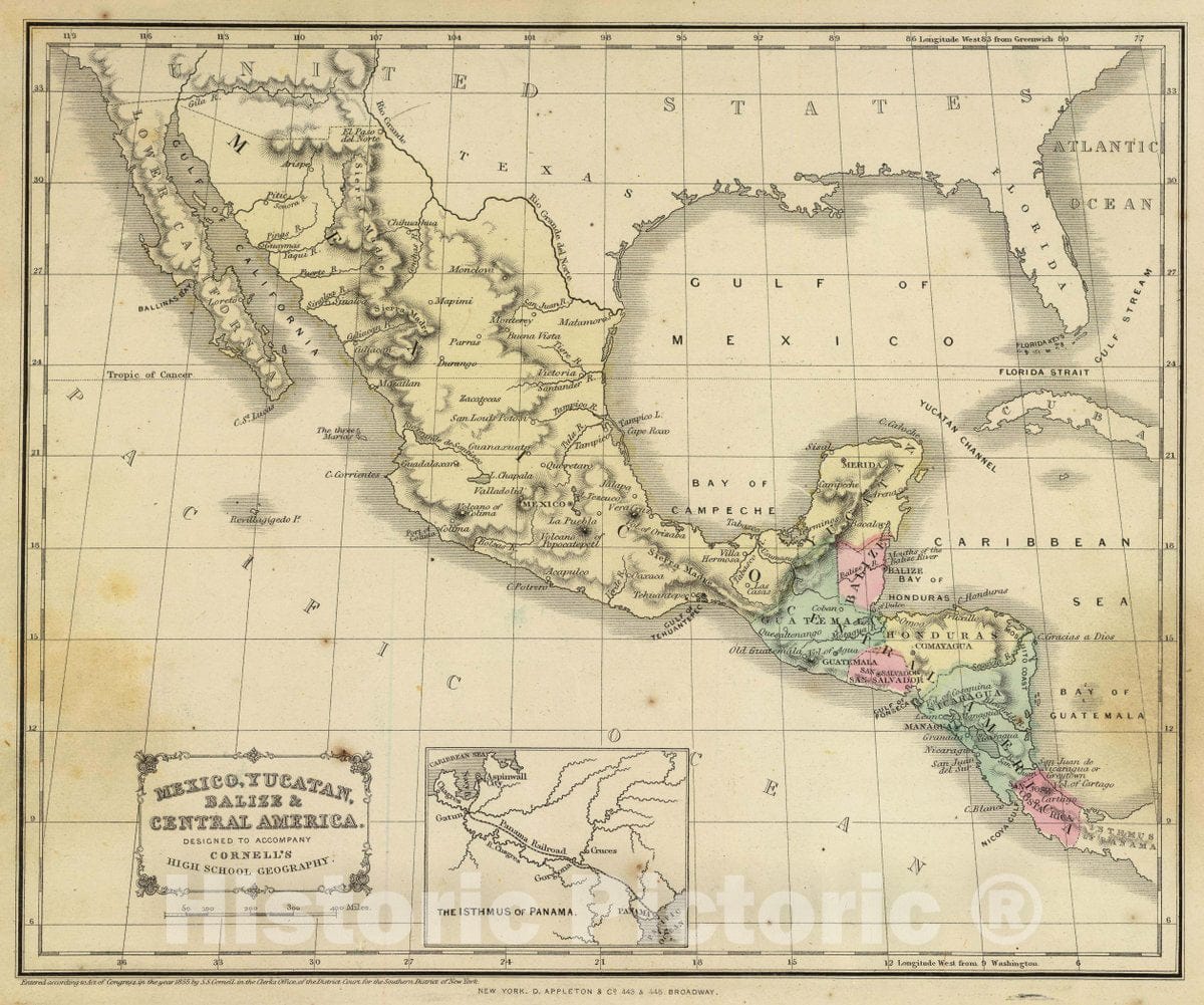 Historic Map : Mexico, Yucatan, Balize & Central America. Designed to accompany Cornell's High School Geography, 1864 Atlas - Vintage Wall Art