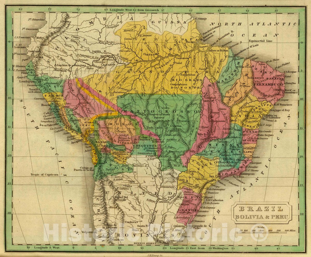 Historic Map : Brazil; Peru, , South America Brazil, Bolivia & Peru. J.H. Young Sc. 1830, Vintage Wall Art
