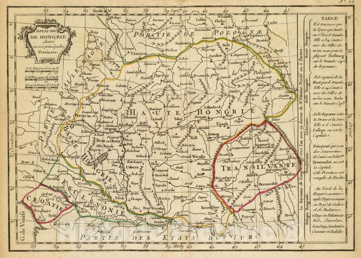 Historic Wall Map : Hungary; Romania, Balkan Peninsula Royaume de Hongrie divise en SES principales Provinces, 1800, Vintage Wall Art