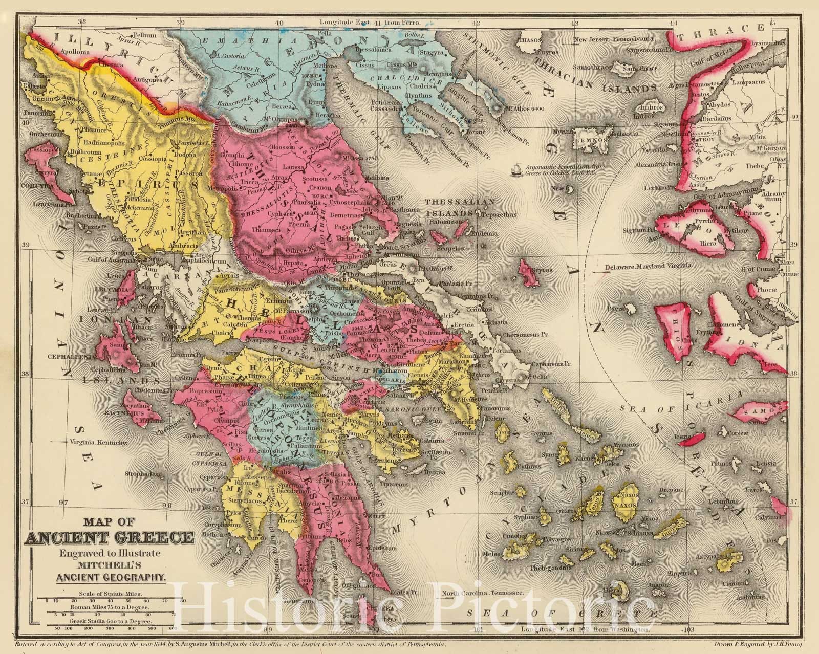 Historic Map : Map of Ancient Greece. Engraved to illustrate Mitchell's Ancient Geography. Drawn & Engraved by J.H. Young, 1875 Classical Atlas - Vintage Wall Art