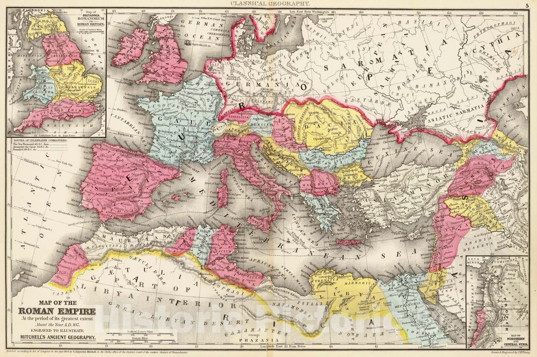 Historic Map - Map of the Roman Empire at the period of its greatest extent about the year A.D. 107, 1875 Classical Atlas - Vintage Wall Art