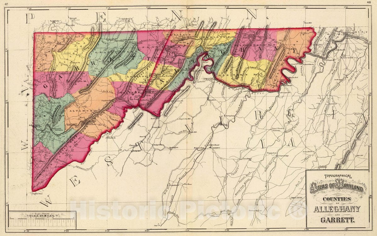 Historic Map : 1873 Topographical Atlas of Maryland: Counties of Alleghany and Garrett. - Vintage Wall Art