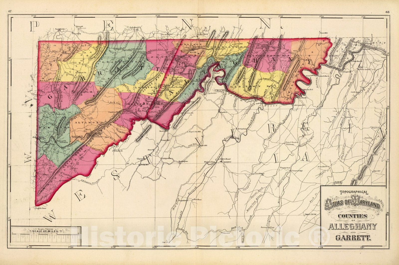 Historic Map : 1873 Topographical Atlas of Maryland: Counties of Alleghany and Garrett. - Vintage Wall Art