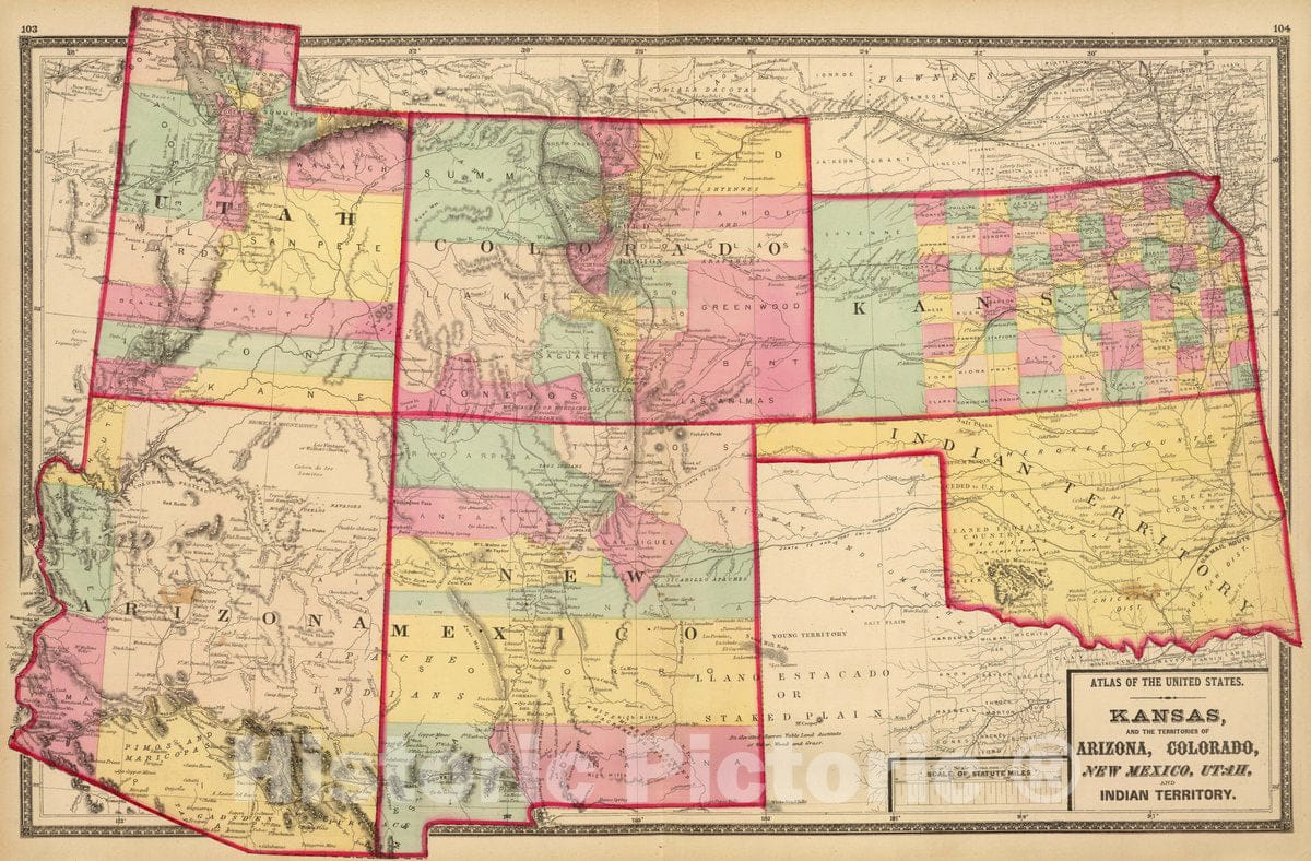 Historic Map : Kansas, and Arizona, Colorado, New Mexico, Utah, and Indian Territory, 1873 Atlas - Vintage Wall Art