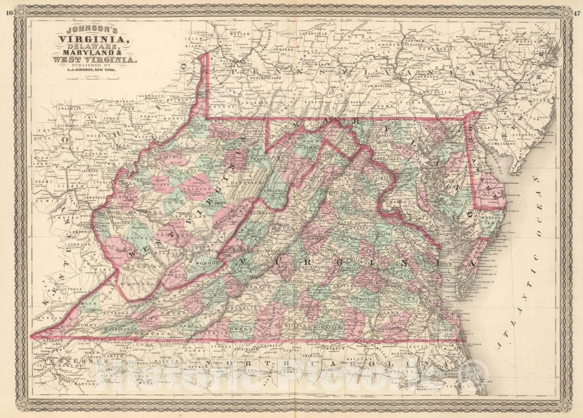 Historic Map : Virginia, Delaware, Maryland, and West Virginia, 1874 Atlas - Vintage Wall Art