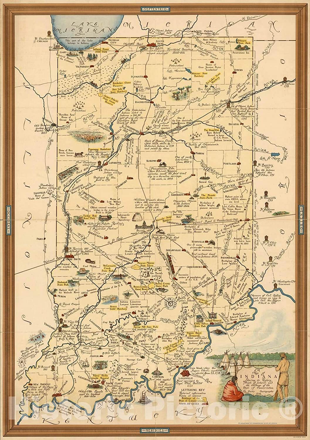 Test -  A Map of Indiana Showing its History, Points of Interest, and The Holdings of The Dept. of Conservation, 1932 - Vintage Wall Art - 16in x 24in