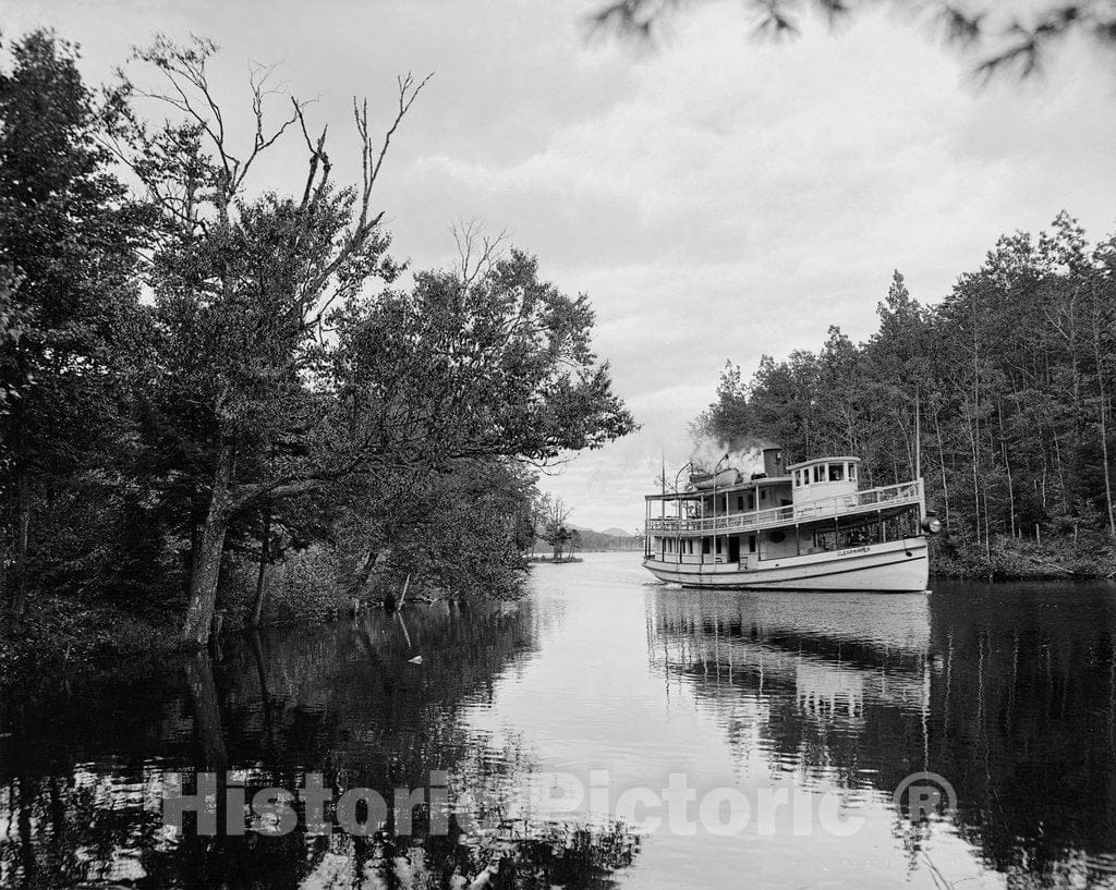 Adirondacks Historic Black & White Photo, The Clearwater entering Third Lake, c1903 -