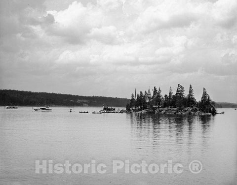 Adirondacks Historic Black & White Photo, Chapel Island, Upper Saranac Lake, c1909 -