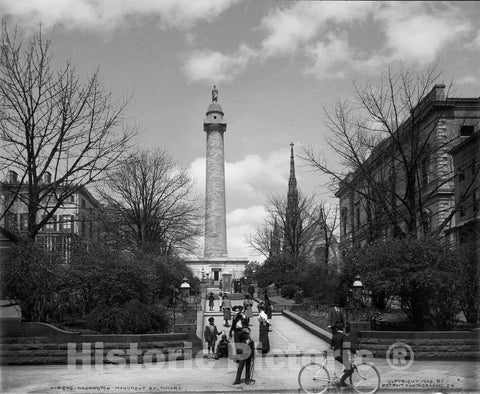 Baltimore Historic Black & White Photo, Washington Monument, c1902 -