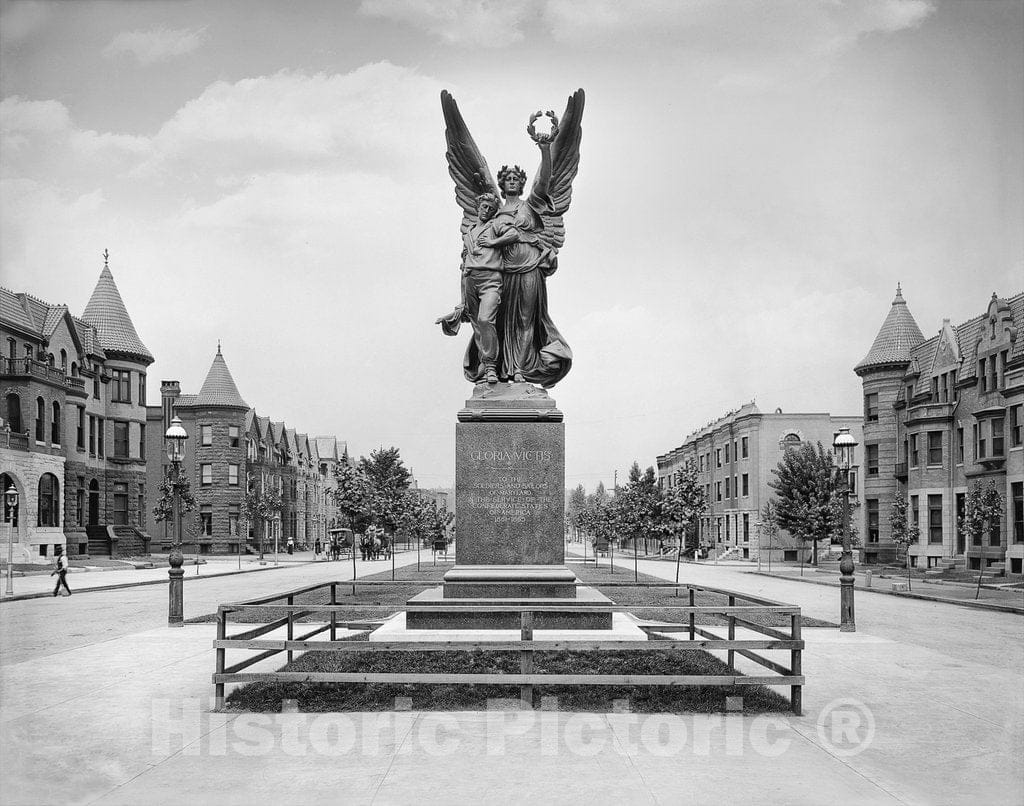 Baltimore Historic Black & White Photo, Spirit of the Confederacy Monument, Bolton Hill, c1903 -