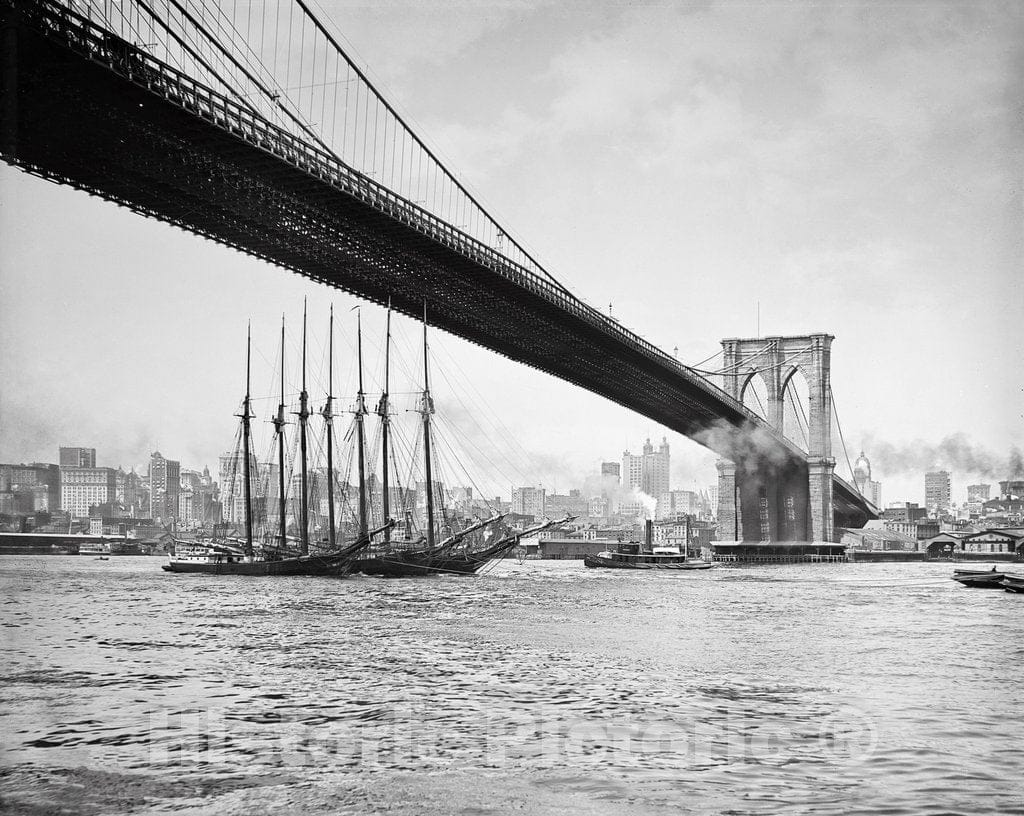 Brooklyn Historic Black & White Photo, Manhattan from Under the Brooklyn Bridge, c1903 -