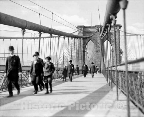 Historic Black & White Photo - Brooklyn, New York - Crossing the Brooklyn Bridge, c1909 -