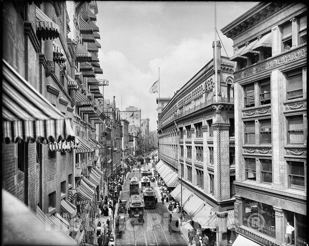 Boston Historic Black & White Photo, Trolleys Down Washington Street, c1906 -