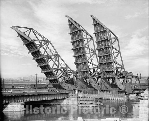 Boston Historic Black & White Photo, Tower Bridges Raised Over the Channel, c1904 -