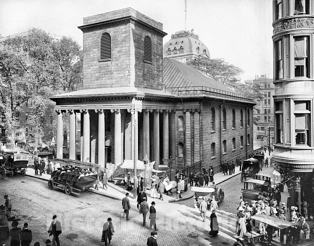Boston Historic Black & White Photo, The Intersection at King's Chapel, c1904 -