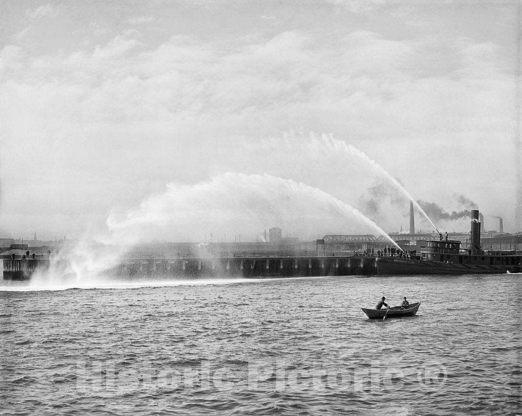 Boston Historic Black & White Photo, Fireboat in Action on the Harbor, c1906 -